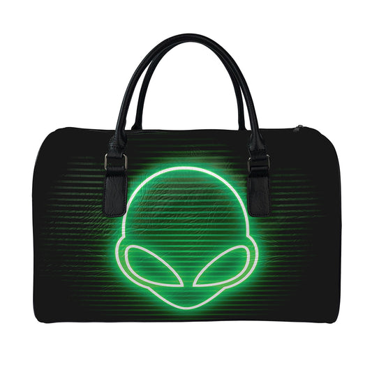 Green Light Alien Print Leather Duffle Bag
