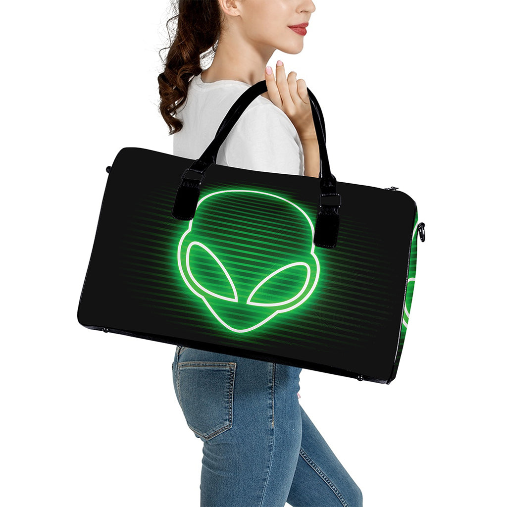 Green Light Alien Print Leather Duffle Bag
