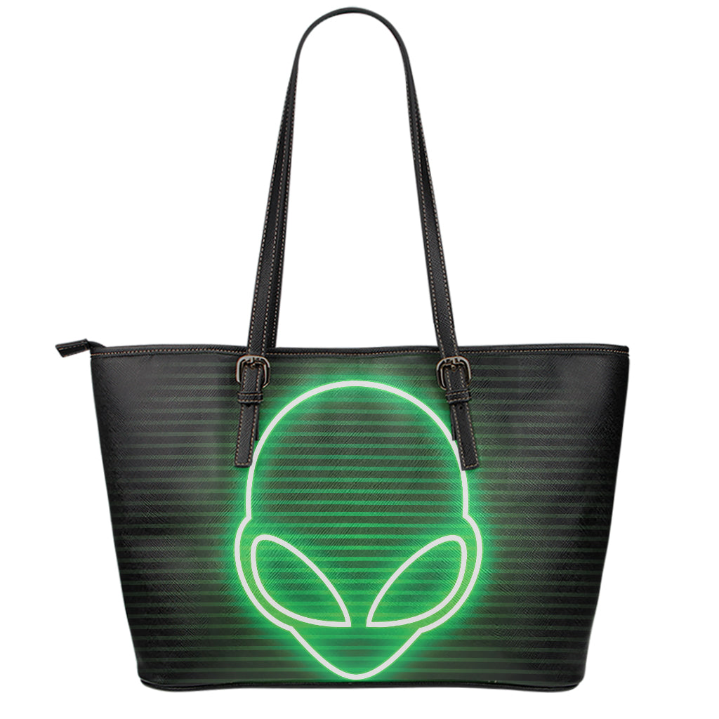 Green Light Alien Print Leather Tote Bag