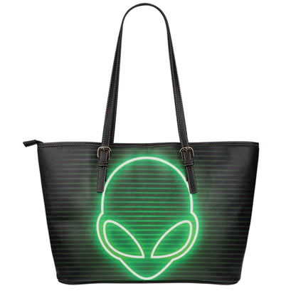 Green Light Alien Print Leather Tote Bag