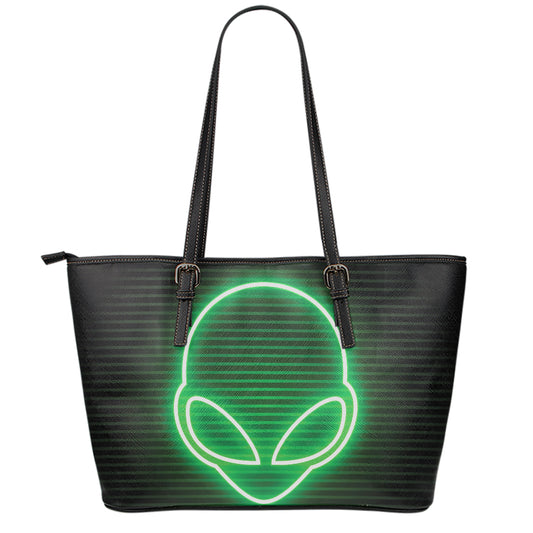 Green Light Alien Print Leather Tote Bag