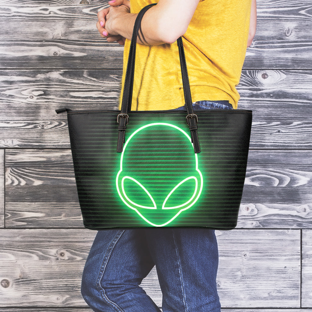 Green Light Alien Print Leather Tote Bag