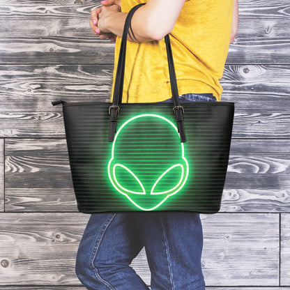 Green Light Alien Print Leather Tote Bag