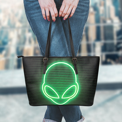 Green Light Alien Print Leather Tote Bag