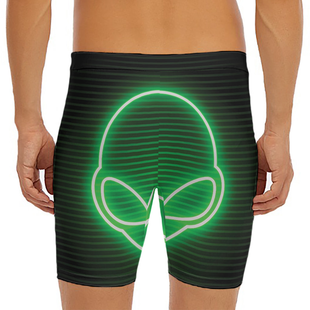 Green Light Alien Print Men's Long Boxer Briefs