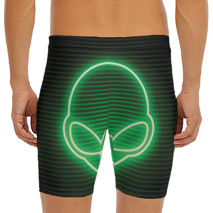 Green Light Alien Print Men's Long Boxer Briefs