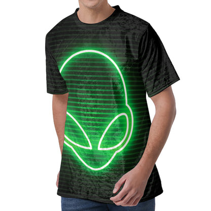 Green Light Alien Print Men's Velvet T-Shirt
