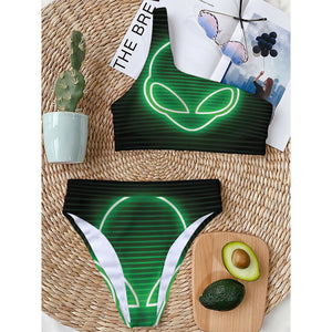 Green Light Alien Print One Shoulder Bikini Top