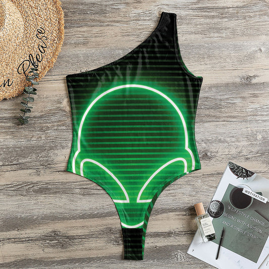 Green Light Alien Print One Shoulder Bodysuit
