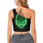 Green Light Alien Print One Shoulder Crop Top