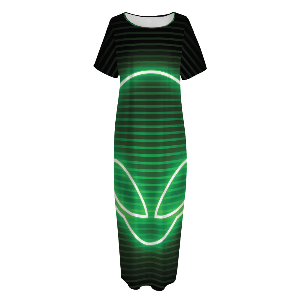 Green Light Alien Print Short Sleeve Long Nightdress