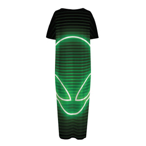 Green Light Alien Print Short Sleeve Long Nightdress