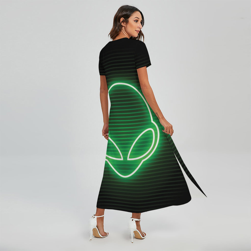 Green Light Alien Print Short Sleeve Maxi Dress