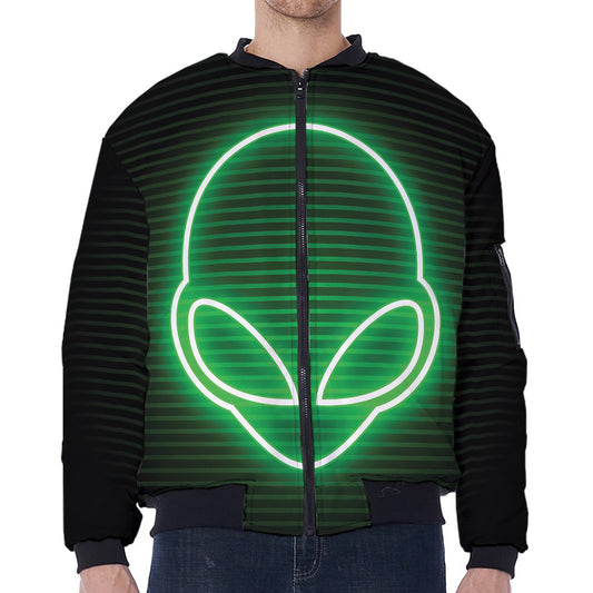 Green Light Alien Print Zip Sleeve Bomber Jacket