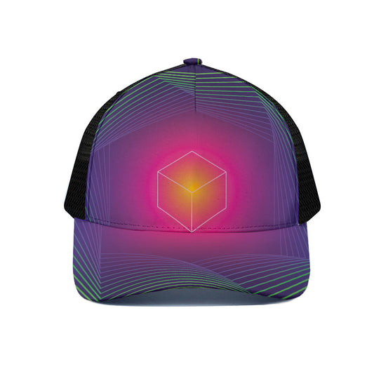 Green Light EDM Geometric Print Black Mesh Trucker Cap
