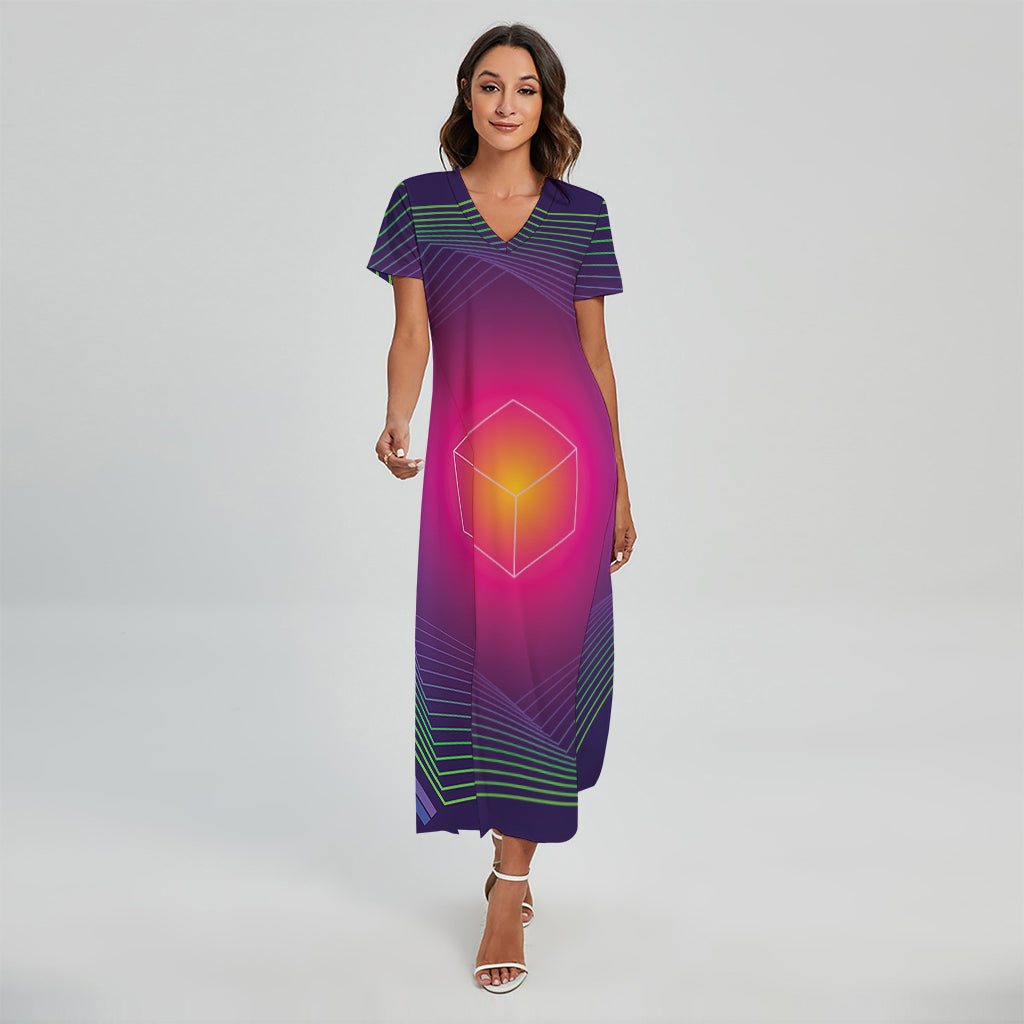 Green Light EDM Geometric Print Short Sleeve Maxi Dress