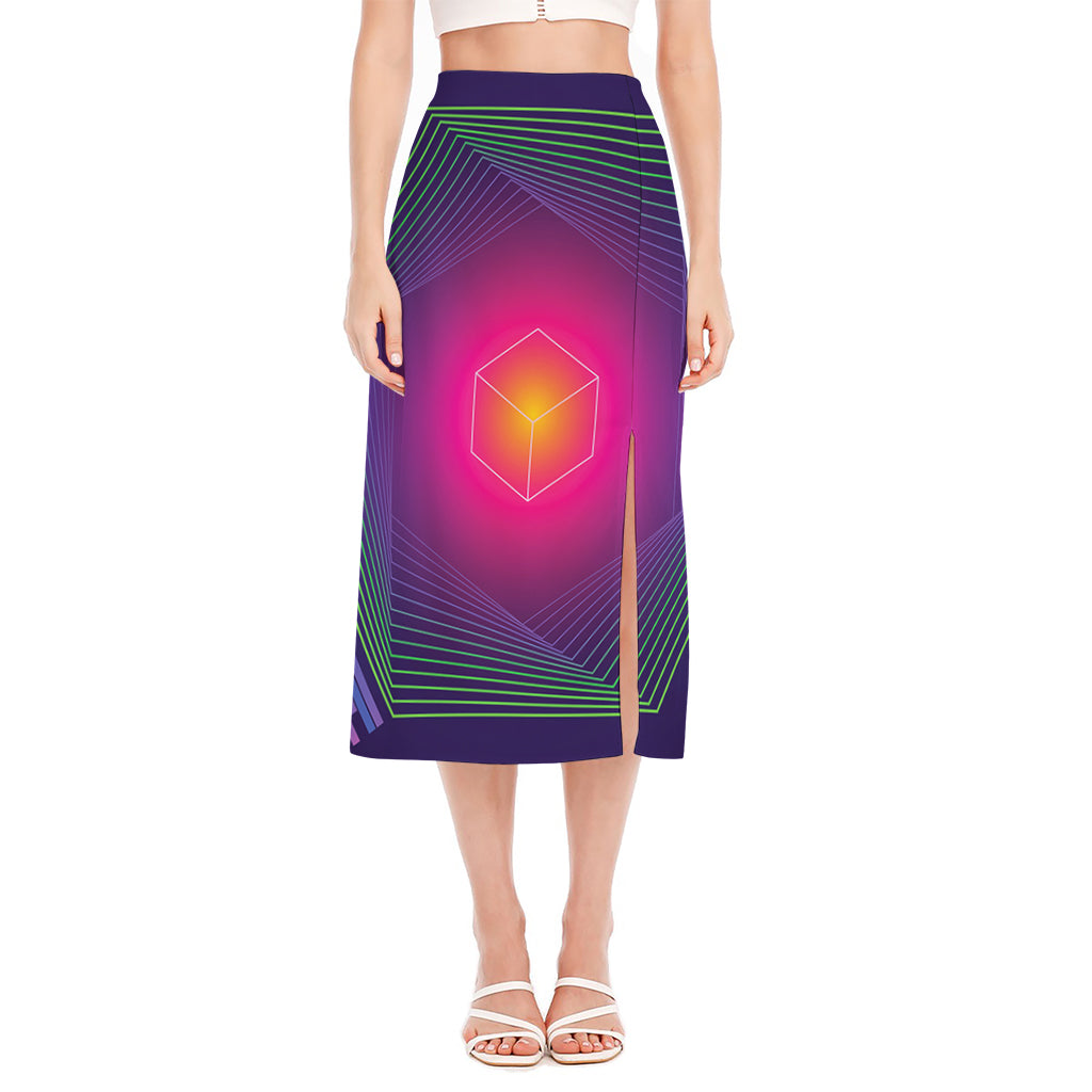 Green Light EDM Geometric Print Side Slit Midi Skirt