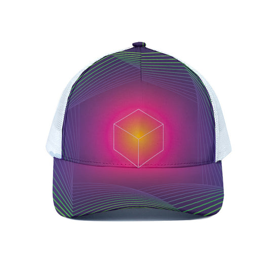 Green Light EDM Geometric Print White Mesh Trucker Cap