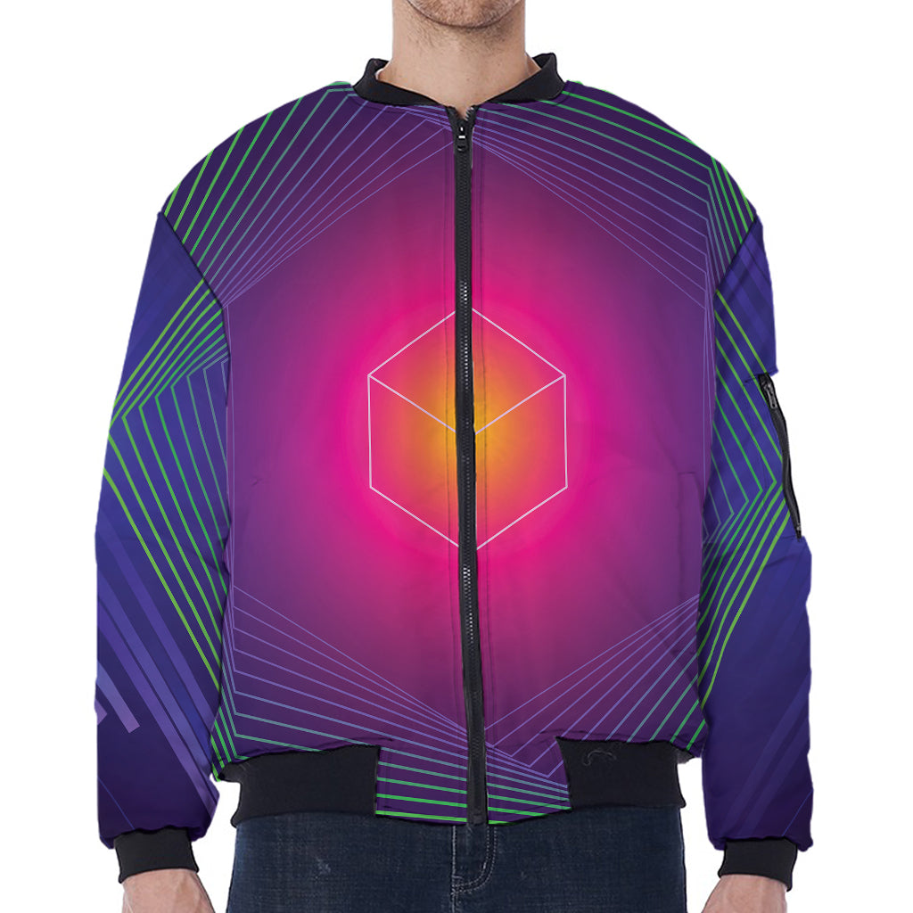 Green Light EDM Geometric Print Zip Sleeve Bomber Jacket