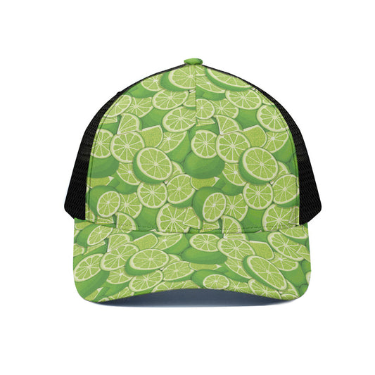 Green Lime Pattern Print Black Mesh Trucker Cap
