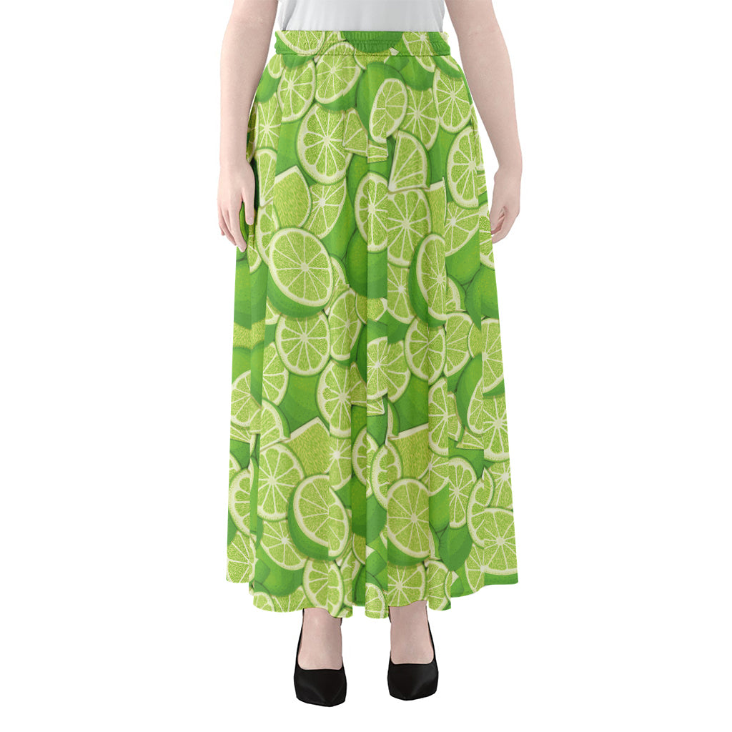 Green Lime Pattern Print Chiffon Maxi Skirt