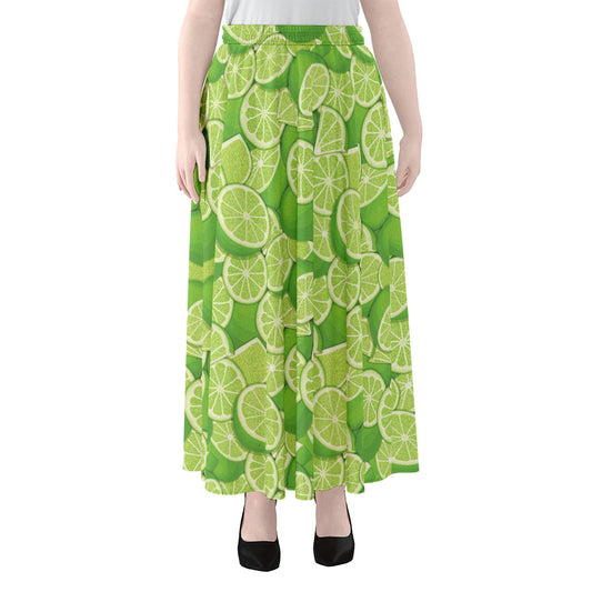 Green Lime Pattern Print Chiffon Maxi Skirt