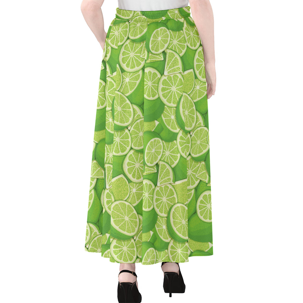 Green Lime Pattern Print Chiffon Maxi Skirt