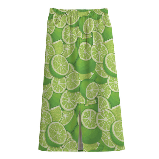 Green Lime Pattern Print Cotton Front Slit Maxi Skirt