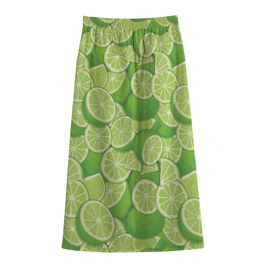 Green Lime Pattern Print Cotton Front Slit Maxi Skirt