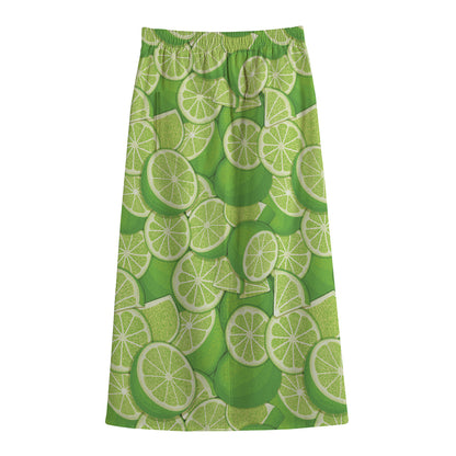 Green Lime Pattern Print Cotton Front Slit Maxi Skirt