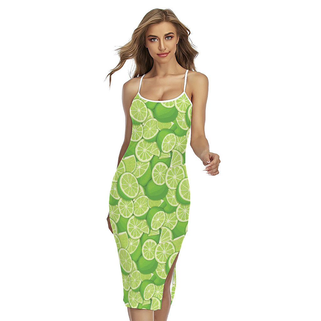 Green Lime Pattern Print Cross Back Cami Dress