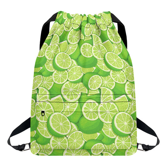 Green Lime Pattern Print Drawstring Backpack