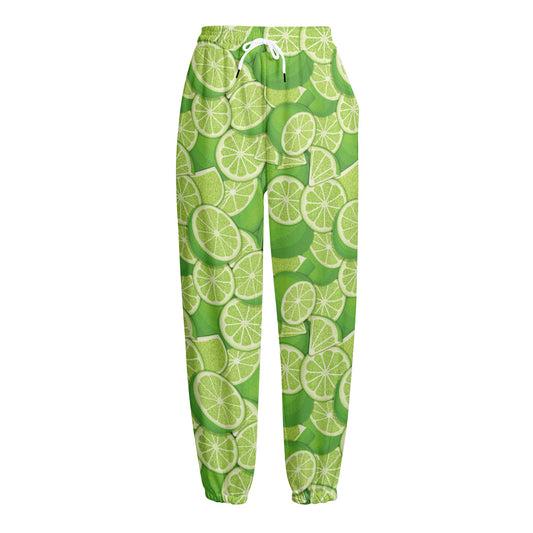 Green Lime Pattern Print Fleece Lined Knit Pants