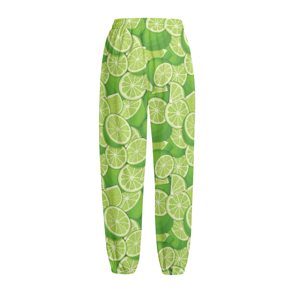 Green Lime Pattern Print Fleece Lined Knit Pants
