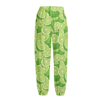 Green Lime Pattern Print Fleece Lined Knit Pants