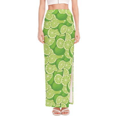 Green Lime Pattern Print High Slit Maxi Skirt