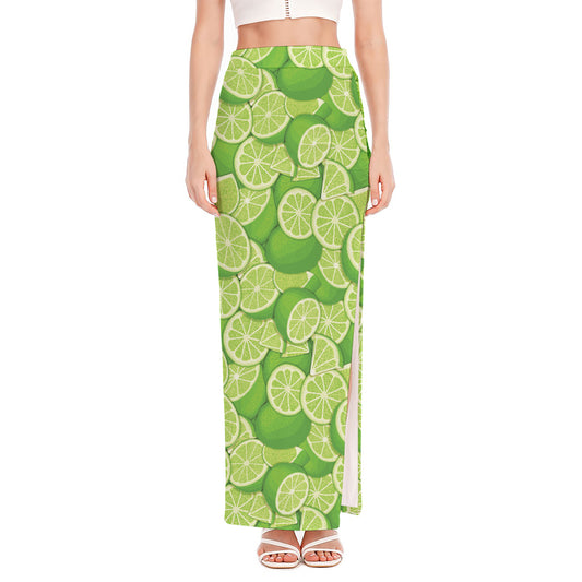 Green Lime Pattern Print High Slit Maxi Skirt