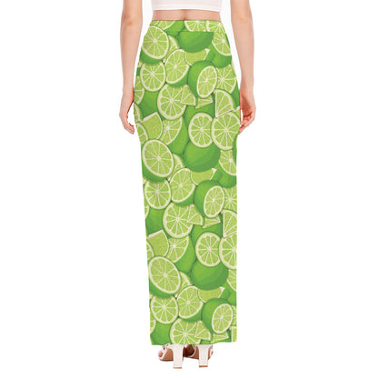 Green Lime Pattern Print High Slit Maxi Skirt