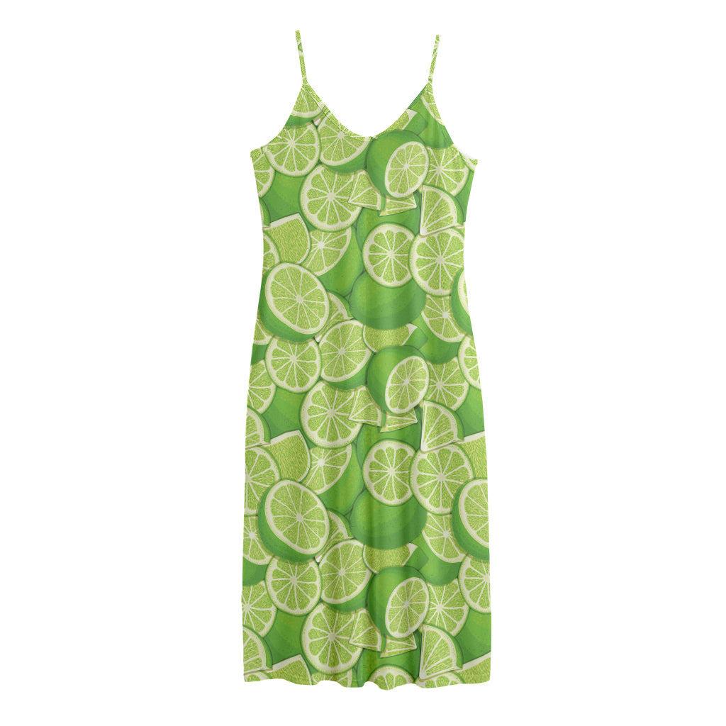 Green Lime Pattern Print Jersey Midi Cami Dress