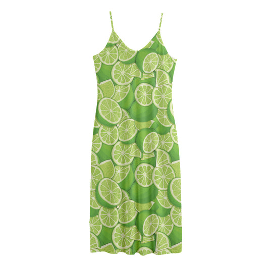 Green Lime Pattern Print Jersey Midi Cami Dress