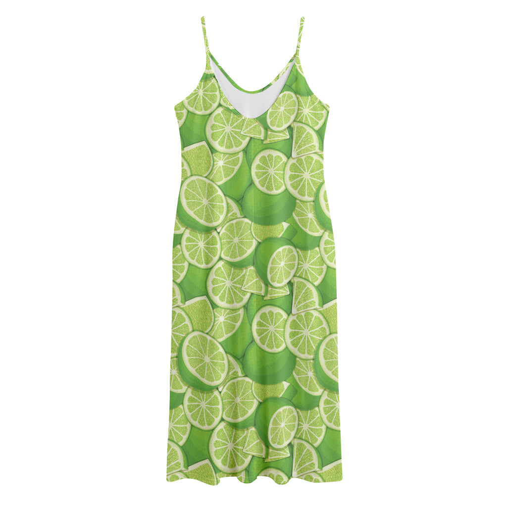 Green Lime Pattern Print Jersey Midi Cami Dress