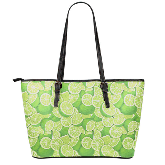 Green Lime Pattern Print Leather Tote Bag