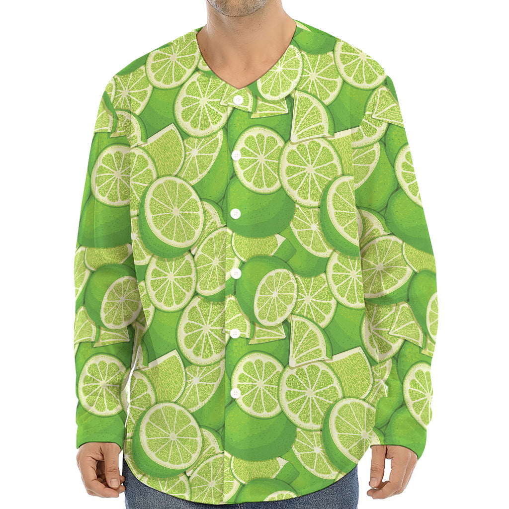 Green Lime Pattern Print Long Sleeve Baseball Jersey