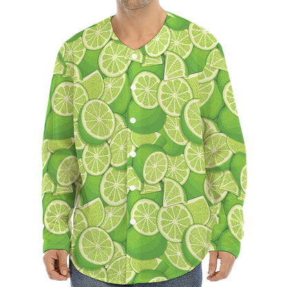 Green Lime Pattern Print Long Sleeve Baseball Jersey