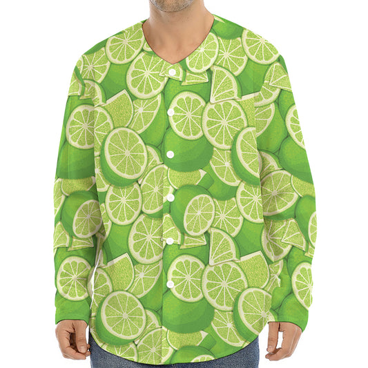 Green Lime Pattern Print Long Sleeve Baseball Jersey