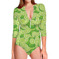 Green Lime Pattern Print Long Sleeve Swimsuit