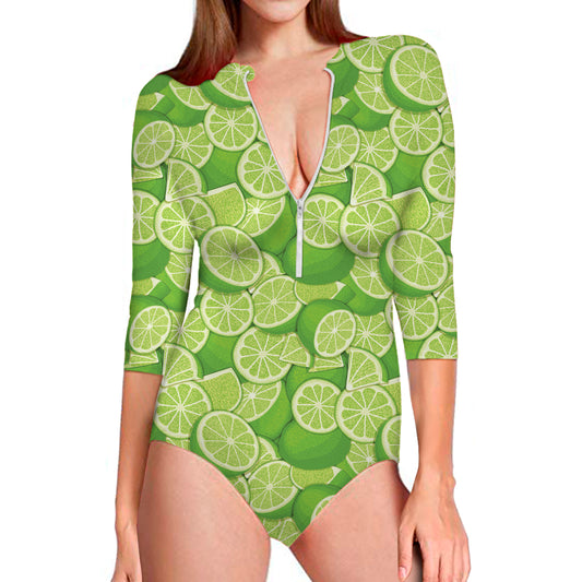 Green Lime Pattern Print Long Sleeve Swimsuit