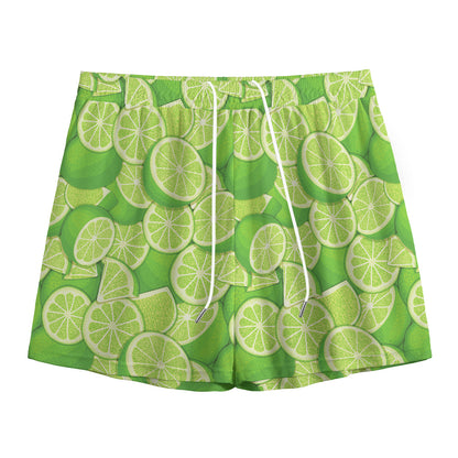 Green Lime Pattern Print Mesh Shorts