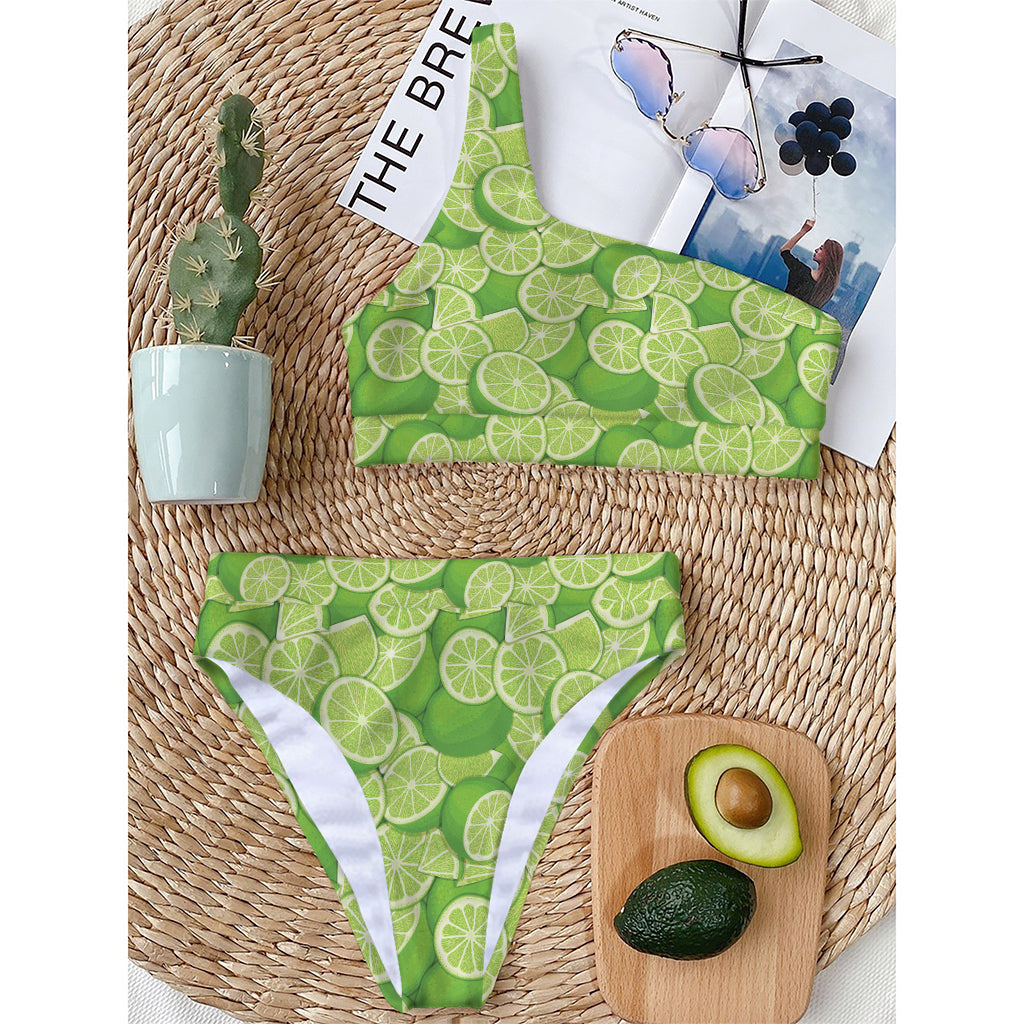 Green Lime Pattern Print One Shoulder Bikini Top