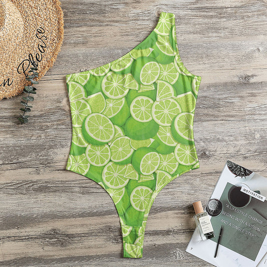 Green Lime Pattern Print One Shoulder Bodysuit